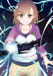  3535mb blush commentary_request electricity electrokinesis female flower frog gekota grin hair_flower hair_ornament holding holding_sword holding_weapon hood hoodie looking_at_viewer magnetism medium_hair metal metal_sand misaka_mikoto psychic science_fiction smile solo sword toaru_kagaku_no_railgun toaru_kagaku_no_railgun_t toaru_majutsu_no_index weapon 