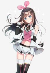  :o absurdres bare_shoulders black_footwear blue_eyes boots breasts brown_hair commentary_request detached_collar detached_sleeves female floating_hair hairband hand_up highres kizuna_ai kizuna_ai_(elegant) kizuna_ai_inc. long_hair long_sleeves looking_at_viewer medium_breasts midriff multicolored_hair navel necktie neginoki parted_lips shirt short_necktie short_shorts shorts solo streaked_hair thigh_boots thighhighs virtual_youtuber white_shorts white_thighhighs wing_collar 