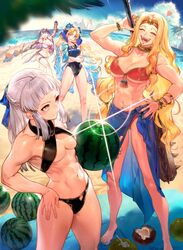  4girls abs astraea_(fate) bikini blonde_hair blue_hair bracelet breasts chin_piercing club_(weapon) coconut crossed_arms drill_hair fate/grand_order fate_(series) food fruit gradient_hair green_nails hand_on_own_hip jewelry kanabou kingprotea_(fate) kodama_(wa-ka-me) large_breasts luviagelita_edelfelt martha_(fate) martha_(swimsuit_ruler)_(fate) martha_(swimsuit_ruler)_(third_ascension)_(fate) medium_breasts multicolored_hair multiple_girls muscular muscular_female navel obliques one-piece_swimsuit one_eye_closed outdoors penthesilea_(fate) purple_hair quetzalcoatl_(fate) sharp_teeth spiked_club swimsuit teeth watermelon weapon white_hair 