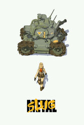  akira_(manga) akira_movie_poster black_gloves boots combat_boots english_commentary female fio_germi from_above gloves hair_through_headwear highres knee_pads logo_parody low_ponytail metal_slug military military_operator military_vehicle motor_vehicle orange_hair parody saint_monster shorts sleeveless solo sv001_(metal_slug) tank title_parody vest 