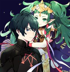  1boy armor black_armor blue_eyes blue_hair braid byleth_(fire_emblem) byleth_(male)_(fire_emblem) closed_mouth commentary_request female fire_emblem fire_emblem:_three_houses green_eyes green_hair guttary hair_ornament hair_ribbon long_hair pointy_ears ribbon ribbon_braid short_hair side_braid simple_background smile sothis_(fire_emblem) tiara twin_braids twitter_username 