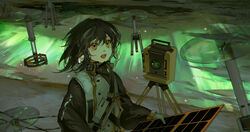  :d arknights aurora bad_id bad_twitter_id black_sleeves brown_hair coat drone earrings female gloves highres holding jewelry leilf looking_up magallan_(arknights) mask mask_around_neck multicolored_hair night open_mouth orange_eyes outdoors reflection short_hair smile snow solar_panel solo streaked_hair teeth theodolite upper_body white_coat white_gloves white_hair wind 