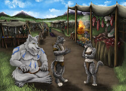  absurd_res anthro aros_(uncrom) axe blue_sky bonfire calder_ulfriksson canid canine canis canvas clothing cloud dironic dirt_path emil_landvik evergreen_tree far_north fearful_expression felid female fershoun food fur fur_markings grass group herbs hex_(satanic-furry) hi_res kari_(uncrom) kato_(uncrom) laguardians lake landscape leather leather_clothing magic_user male mammal marketplace markings meat meat_seller mountain musclegut muscular outdoor_market pantherine pine_tree plant secrets_of_uncrom shadowy_figure sky snow_leopard tents tree udrey_(uncrom) uncrom unimpressed valtalska_dercas valtalska_scudama ven_ulfriksson wares warrior wolf wood_pole yenocwolf 