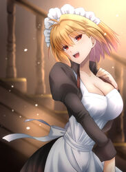  alternate_costume antenna_hair apron arcueid_brunestud blonde_hair blush breasts brown_dress cleavage commentary_request cosplay dress enmaided female fingernails hair_between_eyes highres hisui_(tsukihime) hisui_(tsukihime)_(cosplay) indoors juliet_sleeves kagetsu_tooya large_breasts long_sleeves looking_at_viewer maid maid_apron maid_headdress open_mouth puffy_sleeves red_eyes short_hair single_hair_intake smile solo stairs sunlight teeth tsukihime upper_teeth_only vent_vert_(kuuya) white_apron 