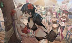  6+girls against_wall anachronism annette_fantine_dominic assertive_female beach_umbrella beer_mug bernadetta_von_varley bikini breasts bug byleth_(female)_(fire_emblem) byleth_(female)_(summer)_(fire_emblem) byleth_(fire_emblem) cellphone cleavage cocktail_glass commentary_request cup dorothea_arnault dorothea_arnault_(summer) drink drinking_glass edelgard_von_hresvelg fire_emblem fire_emblem:_three_houses fire_emblem_heroes flower flower_in_drink hair_flower hair_ornament hat hat_flower herringbone hibiscus highres hilda_valentine_goneril holding holding_drink ingrid_brandl_galatea ingrid_brandl_galatea_(summer) kabedon korokoro_daigorou large_breasts leonie_pinelli lysithea_von_ordelia marianne_von_edmund medium_breasts mercedes_von_martritz mug multiple_girls navel official_alternate_costume petra_macneary phone pink_flower red_flower rhea_(fire_emblem) rhea_(summer)_(fire_emblem) sarong small_breasts smartphone smile stairs stomach sun_hat swimsuit umbrella wooden_floor yuri 