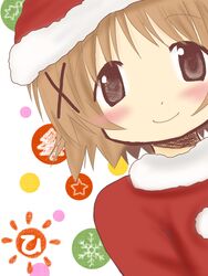  1000000 black_eyes blush brown_hair christmas female get gooding_get hair_ornament hairclip hat hidamari_sketch santa_hat short_hair siwasu38 smile solo yuno 