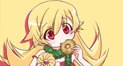  akutagawa_manbou bakemonogatari blonde_hair commentary_request doughnut eating female food long_hair monogatari_(series) oshino_shinobu red_eyes solo 