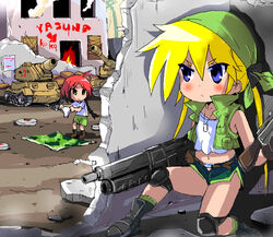  2girls blonde_hair blue_eyes commentary_request cosplay green_eyes gun hat holding holding_clothes holding_panties holding_underwear kasamoto_eri kasamoto_eri_(cosplay) kill_me_baby knee_pads metal_slug midriff military military_vehicle motor_vehicle multiple_girls panties ponytail red_hair romaji_text short_shorts shorts snk sonya_(kill_me_baby) t2 tank underwear unused_character_(kill_me_baby) unworn_panties weapon white_panties 