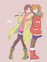  2girls boots brown_hair coat commentary_request evangelion:_3.0_you_can_(not)_redo eyepatch glasses hairband long_hair makinami_mari_illustrious michaelovten multiple_girls neon_genesis_evangelion orange_hair pantyhose rebuild_of_evangelion scarf skirt smile souryuu_asuka_langley thighhighs winter_clothes 