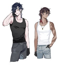  2boys bad_id bad_tumblr_id belt black_hair brown_hair collarbone contemporary dark-skinned_male dark_skin eyepatch gloves half_gloves jewelry male_focus molly multicolored_hair multiple_boys ookurikara pendant red_hair shokudaikiri_mitsutada sweatdrop tank_top tattoo touken_ranbu two-tone_hair yellow_eyes 