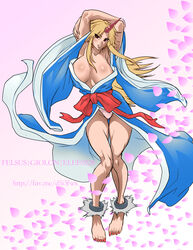  absurdres armpits arms_up barefoot blonde_hair blue_kimono breasts colorized commentary commission cuffs elee0228 english_commentary felsus female gimp_(medium) highres horns hoshiguma_yuugi hoshiguma_yuugi_(kimono) huge_breasts japanese_clothes kimono long_hair nail_polish no_bra open_clothes open_kimono panties petals pigeon-toed red_eyes shackles single_horn solo thick_thighs thighs third-party_edit toenail_polish toenails touhou underwear watermark web_address wide_sleeves 