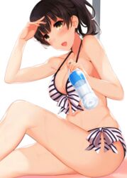  :d alternate_costume alternate_hairstyle bikini billion_(billion0103) black_hair blush bottle breasts cleavage commentary_request dripping female front-tie_top groin halterneck holding holding_bottle katou_megumi large_breasts navel open_mouth ponytail saenai_heroine_no_sodatekata shading_eyes short_hair side-tie_bikini_bottom sitting smile solo strap_gap string_bikini striped_bikini striped_clothes swimsuit water_bottle water_drop wet yellow_eyes 