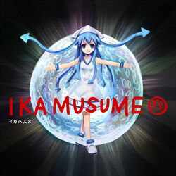  blue_eyes blue_hair commentary_request dress female hat ikamusume long_hair matsudaira_ken matsuken_samba orb outstretched_arms parody same_2009 shinryaku!_ikamusume solo spread_arms standing tentacle_hair 