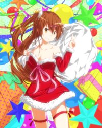  bare_shoulders brown_eyes brown_hair chuunibyou_demo_koi_ga_shitai! commentary_request female gift hair_ornament hairclip leg_ribbon long_hair nibutani_shinka one_side_up ribbon sack santa_costume solo thigh_ribbon v xxxx 