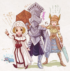  1boy 2girls armor blonde_hair brown_eyes commentary_request crystal_lizard demon&#039;s_souls garl_vinland helmet knight mace maiden_astraea mic_ro multiple_girls robe selen_vinland shield sword translated weapon 