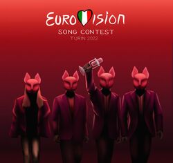  5_fingers anthro askalin blonde_hair canid canine canis clothed clothing cyan_kicks digital_media_(artwork) english_text eurovision_song_contest fingers finland fox group hair hi_res humanoid_hands italian_flag long_hair mammal red_background simple_background text wolf 