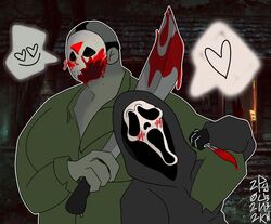  blood blood_on_face blood_on_weapon blush blush_lines bodily_fluids dialogue_box duo friday_the_13th_(series) ghostface heart_symbol human humanoid jason_voorhees male male/male mammal muscular muscular_male not_furry punky33n_(artist) romantic romantic_couple scream_(movie) weapon 