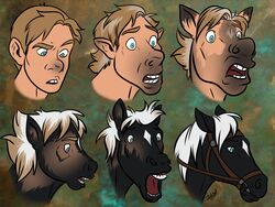  4:3 black_body black_fur blue_eyes bridle brown_hair bust_portrait ear_expansion equid equine expansion feral fur green_background growth hair horse human human_to_feral jakkal male mammal mane open_mouth portrait short_hair simple_background snout snout_growth solo species_transformation tan_body tan_skin tongue transformation white_mane 