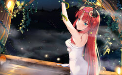  absurdres alternate_costume alternate_hairstyle arm_up blunt_bangs blurry breasts chinese_commentary commentary_request depth_of_field dongyue_sakura fake_horns female fireflies from_behind fungi_(genshin_impact) genshin_impact green_eyes hair_down head_tilt headpiece highres horns long_hair looking_at_viewer looking_back naked_towel night night_sky nilou_(genshin_impact) onsen red_hair sidelocks sky sleeveless smile snake star_(sky) starry_sky steam towel tree wet_towel 