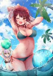  2girls :d :o ahoge alt_(ctrldel) armpits arms_up atelier_(series) atelier_sophie ball bare_legs bikini black_bikini blue_sky blunt_bangs breasts brown_eyes choker cleavage cloud commentary_request day graphite_(medium) green_bikini green_eyes hair_ornament halterneck highres holding holding_ball medium_breasts multiple_girls navel one_eye_closed open_mouth outdoors palm_tree partially_submerged plachta purple_hair red_hair shirt side-tie_bikini_bottom sidelocks sky smile sophie_neuenmuller sparkle standing string_bikini swimsuit traditional_media tree twintails undressing unworn_shirt water wet wet_clothes wet_shirt white_shirt 