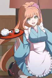  :d adapted_costume apron blue_kimono bow breasts brown_hair brown_thighhighs cowboy_shot cup danganronpa_(series) danganronpa_3_(anime) female floating_hair frilled_apron frills green_eyes green_tea hairbow high_ponytail highres holding holding_plate japanese_clothes kimono long_hair long_sleeves looking_at_viewer maid medium_breasts open_mouth plate purple_bow short_kimono side_handle_teapot sketti smile solo standing standing_on_one_leg swept_bangs tea teacup teapot thighhighs very_long_hair wa_maid white_apron wide_sleeves yukizome_chisa zettai_ryouiki 