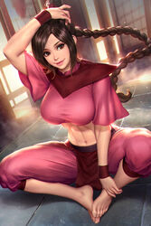  abs arm_up avatar:_the_last_airbender avatar_legends barefoot braid braided_ponytail breasts brown_eyes brown_hair crop_top feet female hand_on_own_head hands_on_feet indian_style large_breasts looking_at_viewer midriff navel neoartcore pink_shirt shirt sitting smile solo stomach taut_clothes taut_shirt toes toned ty_lee 