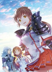  1boy 2girls armor brown_hair crosier fan_la_norne hagoromo jin_(xenoblade) lora_(xenoblade) miniskirt mizuki_riko multiple_girls pauldrons red_skirt shawl shoulder_armor skirt xenoblade_chronicles_(series) xenoblade_chronicles_2 xenoblade_chronicles_2:_torna_-_the_golden_country yellow_eyes 