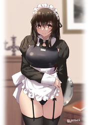  alternate_costume apron apron_lift aya_(jonsun) black_hair black_thighhighs blurry blurry_background book breasts brown_eyes clothes_lift commentary_request competition_swimsuit cowboy_shot enmaided female frills indoors jonsun large_breasts long_hair looking_at_viewer maid maid_apron maid_headdress one-piece_swimsuit original puffy_sleeves revision shrug_(clothing) smile solo swimsuit thighhighs twitter_username underwear waist_apron 