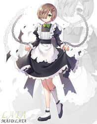  apron bad_id bad_pixiv_id black_dress black_footwear broken broken_chain brown_hair chains closed_mouth dress female foot_up frilled_apron frilled_dress frills full_body green_eyes hair_ornament hair_over_one_eye hairclip highres juliet_sleeves kneehighs long_sleeves looking_at_viewer maid maid_apron maid_headdress multiple_views original puffy_sleeves sal_gun shoes short_hair single_kneehigh single_sock skirt_hold socks standing standing_on_one_leg torn_apron torn_clothes torn_dress torn_socks white_apron 