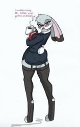  anthro ass beverage big_butt bottomwear clothing coffee disney english_text eyewear female glasses hi_res judy_hopps lagomorph legwear leporid mammal miniskirt pace-maker rabbit secretary secretary_hopps skirt solo stockings suit text thick_thighs toeless_legwear zootopia 