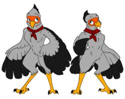  accipitriform anthro avian bird black_body black_claws black_feathers blue_eyes claws feathers grey_body grey_feathers male model_sheet orange_facial_markings red_scarf scarf secretary_bird solo yellow_body 