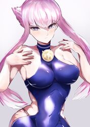  absurdres bababaeki00 bare_shoulders blush breasts clothing_cutout female hands_on_own_shoulders highres hime_cut hip_vent manon_legrand medal narrow_waist panty_straps pink_hair purple_eyes side_cutout sidelocks skin_tight solo spandex street_fighter street_fighter_6 white_background wide_hips 