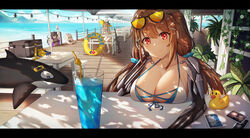  4girls absurdres aer7o ak_5 ak_5_(girls&#039;_frontline) ak_5_(southern_wind)_(girls&#039;_frontline) assault_rifle banana beach bendy_straw bikini boardwalk box breast_rest breasts breasts_on_table brown_hair chinese_commentary cleavage collarbone commentary cup dappled_sunlight day drinking_glass drinking_straw eyewear_on_head fn_fnc food front-tie_bikini_top front-tie_top fruit girls&#039;_frontline gun hair_ornament hairclip head_rest highres inflatable_toy inflatable_whale ivy js_9_(girls&#039;_frontline) js_9_(orca&#039;s_journey)_(girls&#039;_frontline) kac-pdw_(girls&#039;_frontline) kac-pdw_(sweetheart_in_love)_(girls&#039;_frontline) large_breasts letterboxed long_hair looking_at_viewer low_twintails mechanical_arms multiple_girls ocean official_alternate_costume outdoors parasol photo_(object) picnic_table plant potted_plant pov_across_table pp-19_(girls&#039;_frontline) pp-19_(icy_summer)_(girls&#039;_frontline) red_eyes rifle rubber_duck sitting smile solo_focus stirring_rod string_of_light_bulbs summer sunglasses sunlight swimsuit table tinted_eyewear twintails umbrella very_long_hair weapon wind_chime wooden_floor yellow-tinted_eyewear 