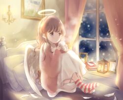  angel angel_wings blue_eyes book book_stack brown_hair candle commentary_request cup curtains drawing_(object) dress expressionless feathered_wings feathers female halo headboard highres holding holding_cup hoshiibara_mato indoors knees_to_chest lantern light_particles looking_to_the_side medium_hair night on_bed original painting_(object) picture_frame pillow pink_robe rabbit robe sconce sitting snowing socks solo steam striped_clothes striped_socks white_dress window wings 