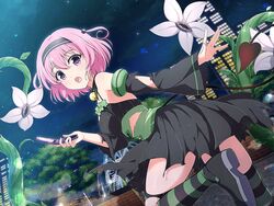  black_dress black_hairband blush breasts building cellphone city city_lights cityscape crossover demon_tail detached_sleeves dress female fountain hairband holding holding_phone looking_at_viewer medium_breasts momo_velia_deviluke monster night night_sky official_art open_mouth phone pink_hair plant plant_monster purple_eyes senran_kagura senran_kagura_new_link sharp_teeth short_hair sky skyscraper solo standing standing_on_one_leg star_(sky) starry_sky striped_clothes striped_thighhighs tail teeth thighhighs third-party_source to_love-ru to_love-ru_darkness torn_clothes torn_dress torn_sleeves torn_thighhighs tree water window yaegashi_nan yellow_gemstone 