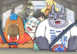  2021 absurd_res agyo_(tas) anthro asian_mythology blue_body brown_body canid canine canis car clothing detailed_background driving east_asian_mythology female_protagonist_(tas) foo_dog freakinglargeoof fur goo_creature group gullinbursti_(tas) hat headgear headwear hi_res hiroshi_odokawa_(odd_taxi) human ikinarumi inside_car japanese_mythology komainu lifewonders male mammal marine mythology odd_taxi overweight overweight_male pinniped protagonist_(tas) shirt sitting temujin_(tas) tokyo_afterschool_summoners topwear tsathoggua_(tas) vehicle walrus white_body white_fur wolf yokai 