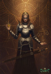  absurdres armor asymmetrical_armor balance_scale blindfold blood blood_from_eyes blood_on_face breastplate brown_hair brown_skirt closed_eyes closed_mouth coin commentary couter cuirass drawn_crown english_commentary facing_viewer faulds female gold_coin gwent_(game) hair_slicked_back hand_up highres holding holding_coin logo long_skirt manuel_castanon official_art pauldrons plate_armor rerebrace rondel scabbard sheath sheathed shoulder_armor skirt solo standing sword tears vambraces weapon weighing_scale 