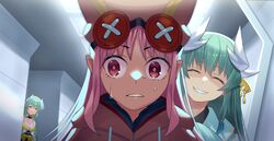  3girls absurdres around_corner beppu_mitsunaka bikini breasts buttons closed_eyes closed_mouth dragon_girl dragon_horns fate/grand_order fate_(series) green_hair grin habetrot_(fate) hat highres horns indoors kiyohime_(fate) kiyohime_(swimsuit_lancer)_(fate) kiyohime_(swimsuit_lancer)_(first_ascension)_(fate) long_hair multiple_girls multiple_horns pink_hair smile stalking sweat swimsuit yellow_eyes 