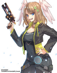  :d absurdres artist_name black_bodysuit black_jacket bodysuit breasts brown_hair cleavage clover_hair_ornament commentary commission covered_navel cowboy_shot cropped_jacket drawstring english_commentary eunie_(xenoblade) feathered_wings female four-leaf_clover_hair_ornament gun hair_ornament hand_on_own_hip head_wings highres holding holding_gun holding_weapon hood hood_down hooded_jacket jacket maplesights medium_breasts open_clothes open_jacket open_mouth smile solo teeth tongue watermark weapon white_background white_wings wings xenoblade_chronicles_(series) xenoblade_chronicles_3 yellow_jacket 