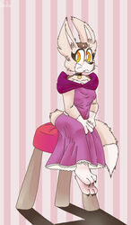  anthro black_claws breasts canid canine cinnamon_appul claws clothed clothing collar dipstick_tail dress fangs female fennec_fox fox fur furniture hi_res mammal markings pattern_background purple_clothing purple_dress simple_background sitting small_breasts solo spritecranbirdie stool striped_background tail tail_markings teeth true_fox whiskers 