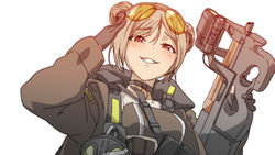  black_choker black_gloves black_jacket blush bullpup choker commission cup double_bun eyewear_on_head female fingerless_gloves gas_mask girls&#039;_frontline gloves gun hair_bun holding holding_cup jacket light_brown_hair looking_at_viewer mask open_mouth p90 p90_(girls&#039;_frontline) pixiv_commission red_eyes salute short_hair smile solo submachine_gun sunglasses triangle_bullet upper_body weapon white_background 