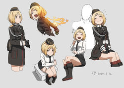  black_footwear black_gloves black_headwear black_jacket black_necktie black_skirt blonde_hair blush boots breasts brown_eyes closed_eyes closed_mouth cropped_legs dated female full_body girls&#039;_frontline gloves hat highres jacket looking_at_viewer looking_away military military_hat military_uniform mp40_(girls&#039;_frontline) multiple_persona necktie open_mouth shirt short_hair simple_background sitting skirt smile socks standing teeth triangle_bullet uniform upper_teeth_only white_shirt 