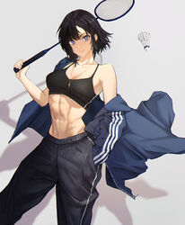  abs absurdres badminton badminton_racket black_hair black_pants black_sports_bra blue_jacket breasts female hand_in_pocket hanebado! highres holding holding_racket jacket jewelry looking_at_viewer madoro_q medium_breasts midriff navel off_shoulder open_clothes open_jacket pants pendant purple_eyes racket shiwahime_yuika short_hair solo sports_bra toned track_jacket track_pants track_suit 