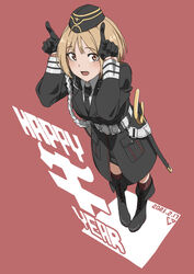  black_footwear black_gloves black_hat black_jacket black_necktie blonde_hair blush boots brown_eyes chinese_zodiac dated female full_body girls&#039;_frontline gloves happy_new_year hat highres jacket looking_at_viewer military military_hat military_uniform mp40_(girls&#039;_frontline) necktie new_year open_mouth pink_background saber_(weapon) shirt short_hair socks solo standing sword triangle_bullet uniform weapon white_shirt year_of_the_ox 