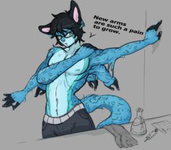  anthro arm_growth body_part_growth bottomwear clothing felid flask gloves growth handwear limb_growth male mammal multi_arm multi_limb multifur pantherine pants rash_almose snow_leopard solo standing syringe text transformation yourfurryotaku 