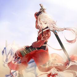  armor bangs blue_sky chinese_armor chinese_clothes cloud cloudy_sky drawing_sword female fu_hua fu_hua_(phoenix) hair_between_eyes highres holding holding_sword holding_weapon honkai_(series) honkai_impact_3rd horseback_riding long_hair long_sleeves looking_at_viewer multicolored_hair outdoors ponytail qqqne red_eyes riding sheath sky solo streaked_hair sword sword_behind_back unsheathing weapon white_hair white_horse 