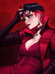  breasts choker cleavage commentary cross earrings english_commentary eyeshadow female fingerless_gloves gloves green_eyes high_collar highres jewelry lips makeup marvel medium_breasts multicolored_hair multiple_rings pendant qtori red_lips ring short_hair solo two-tone_hair upper_body wanda_maximoff x-men x-men_evolution 