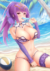  bare_shoulders beach blue_sky blush breasts cleavage collarbone day eating fate/grand_order fate_(series) female food hair_between_eyes hair_ribbon highres large_breasts long_hair looking_at_viewer navel open_mouth outdoors ponytail popsicle purple_hair purple_ribbon red_eyes ribbon scathach_(fate) scathach_skadi_(fate) shore sitting sky thighs tiara volleyball yuunagi_(0217) 