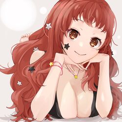  breasts cleavage cleavage_cutout closed_mouth clothing_cutout facial_mark feet female fire_emblem fire_emblem_engage hair_ornament highres jewelry large_breasts long_hair looking_at_viewer lying necklace on_stomach red_eyes red_hair sakura_no_yoru smile solo star_(symbol) star_facial_mark star_hair_ornament the_pose white_background yunaka_(fire_emblem) 