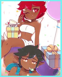  2girls ;q artist_name bad_id bad_twitter_id balloon bare_shoulders black_hair blue_border border box brown_eyes cake cherry commentary confetti dark-skinned_female dark_skin demon_girl doom_(series) earrings english_commentary food fork fruit gift gift_box hdoom highres imp_(doom) jewelry lamia looking_at_viewer monimochi monster_girl mouth_hold multiple_girls one_eye_closed party_horn plate pointy_ears red_eyes red_hair scales short_hair sitting smile spikes tail tongue tongue_out 